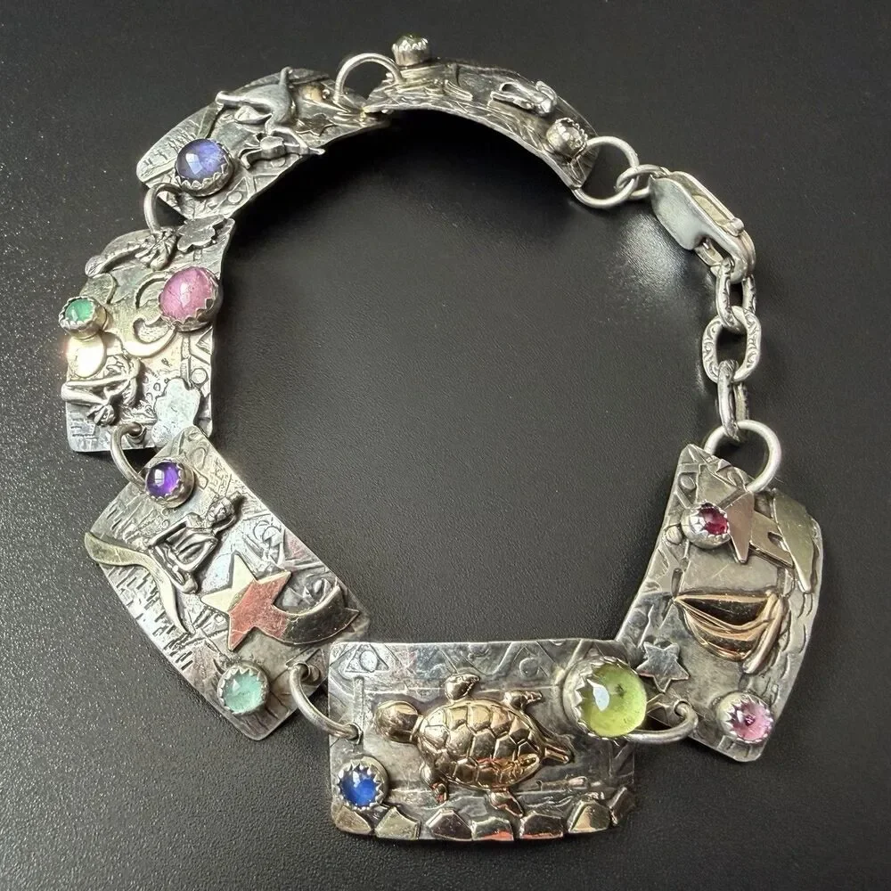 Vintage Handmade Artisan Panel Link Bracelet 925 Sterling Silver 14K Gold & Gems